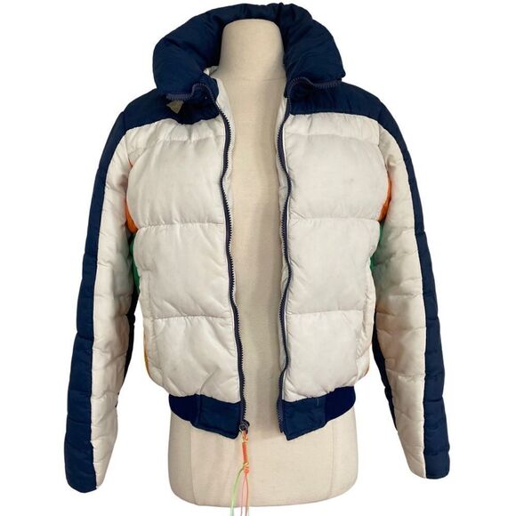 EPIC Vintage 1970s Rainbow Striped Down Puffer Coat Jacket - Picture 8 of 16